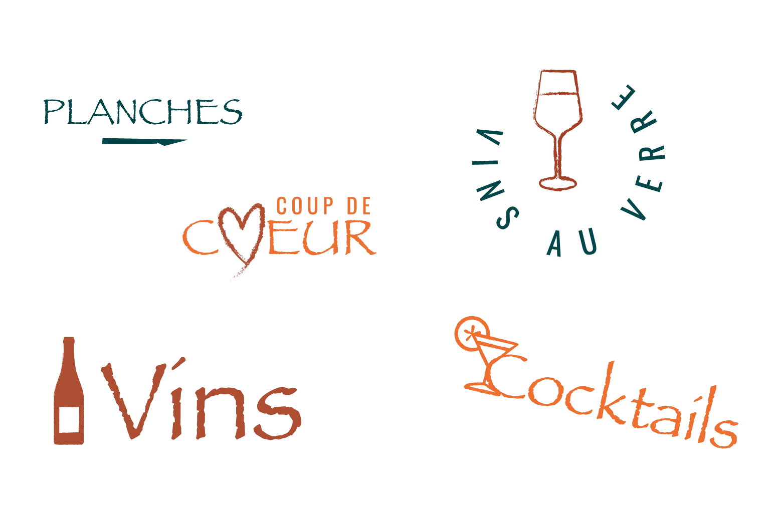 Les éléments de marque de La Banque pour les planches, les vins au verre, les vins, les cocktails et le coup de cœur