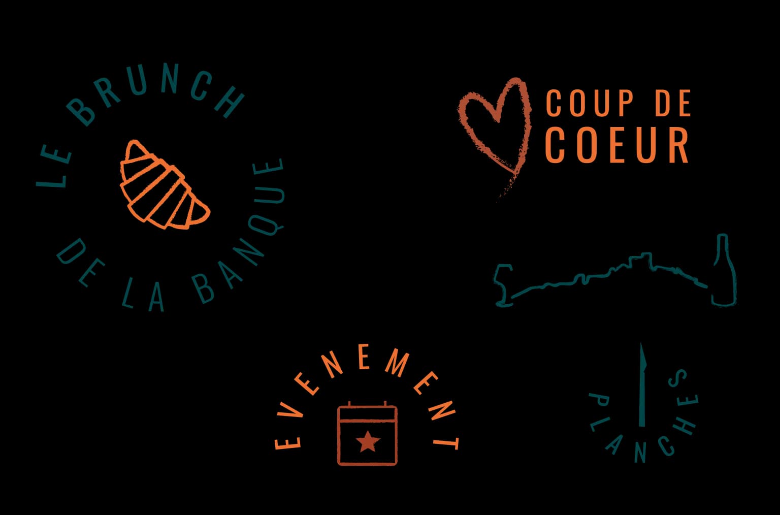 Les éléments de marque de La Banque pour le brunch, le coup de cœur, les événements et les planches