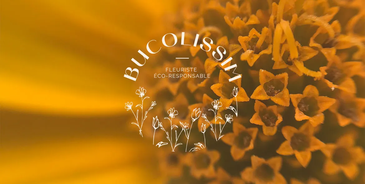 Le logo de Bucolissim posé sur une photo de fleurs
