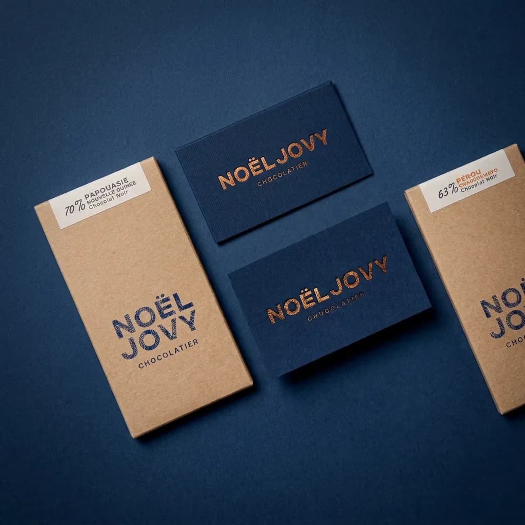 Les étuis de chocolats Noël Jovy, le nom en ligne en dorure cuivre