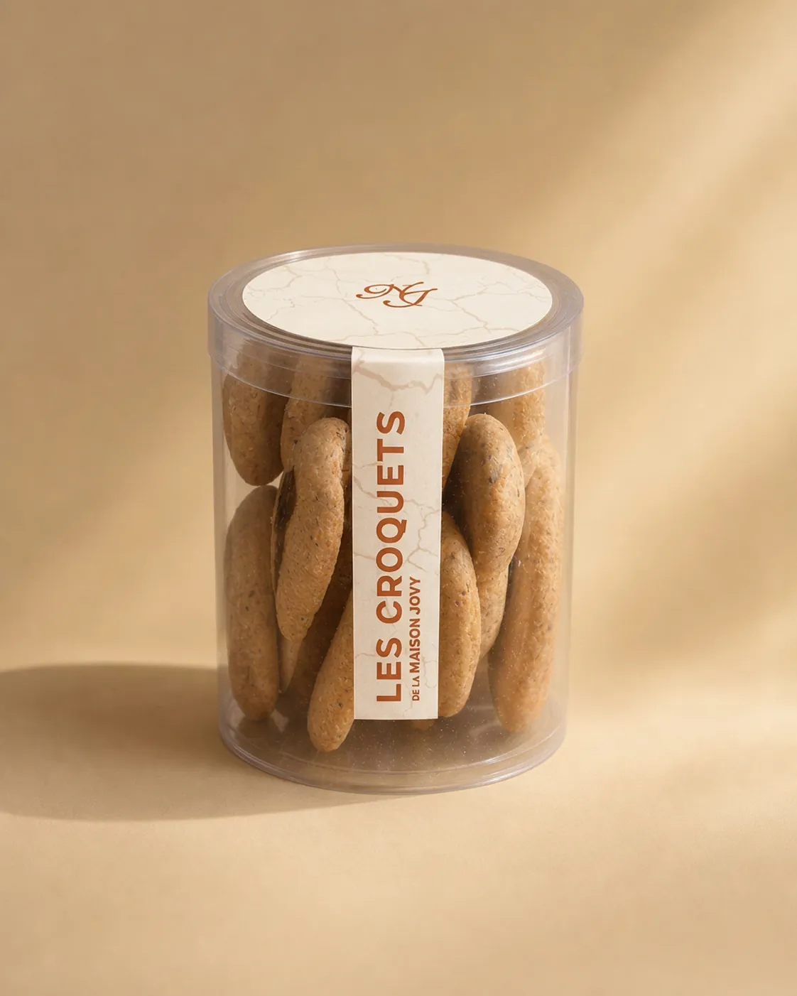 Le pot des croquets de la maison Jovy, bandeau craquelé et écriture cuivre