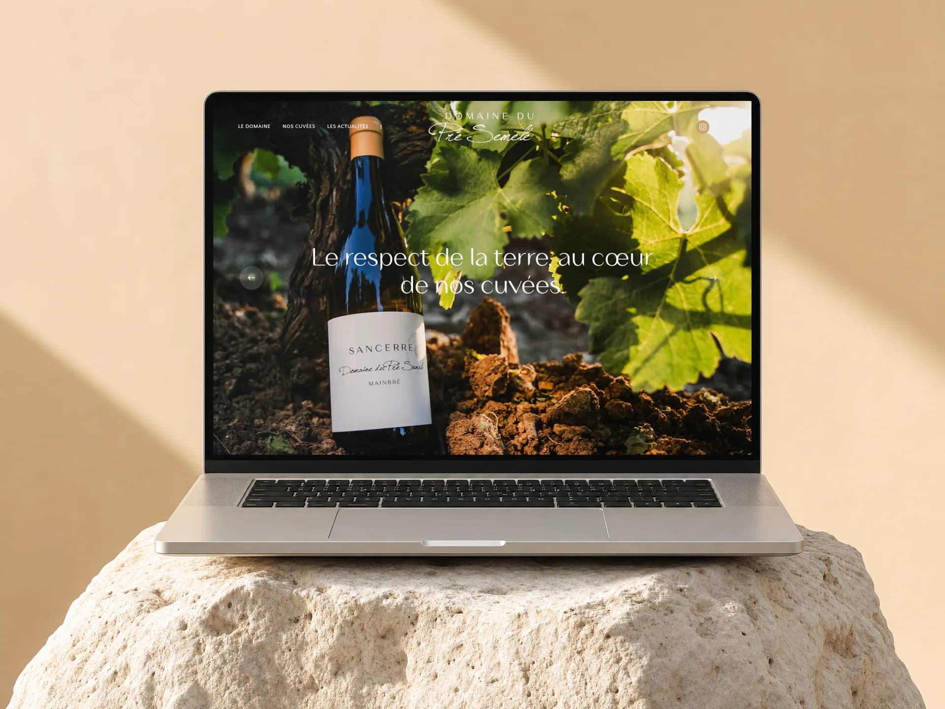 Le site internet du Domaine du Pré Semelé, domaine viticole de Sancerre, sur un ordinateur portable posé sur une pierre