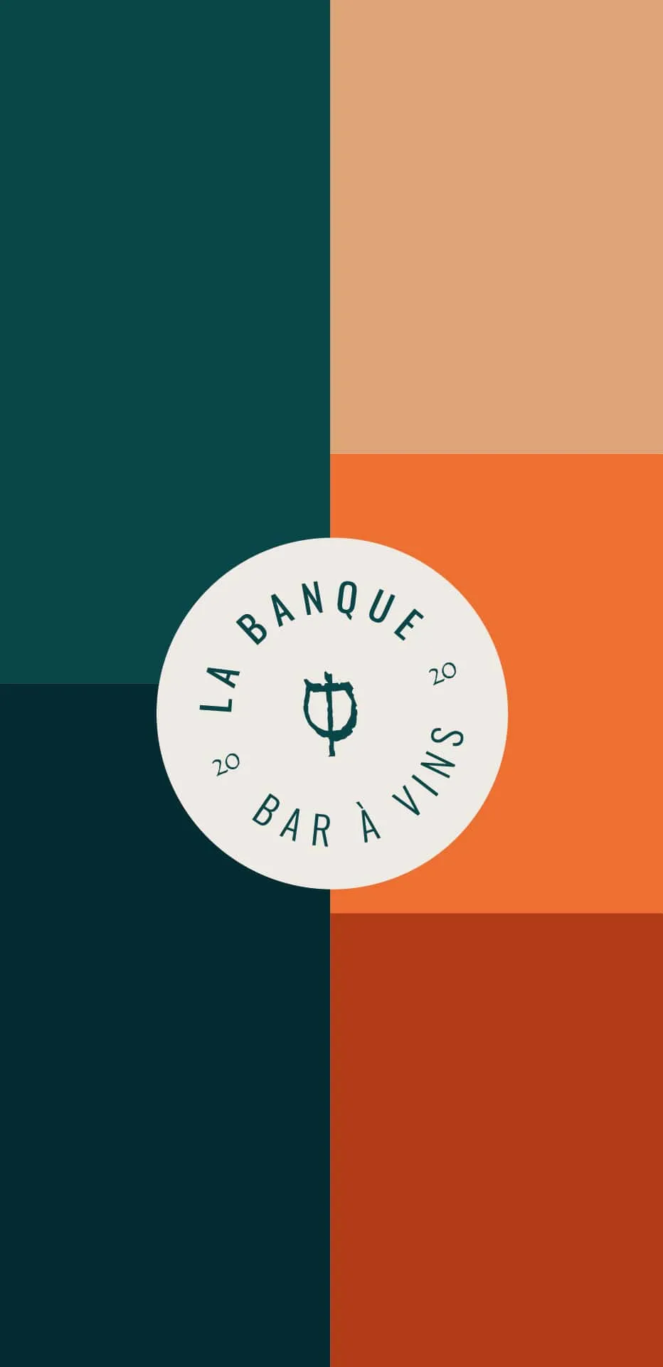 La gamme de couleurs de La Banque, orange, beige et bleu vert