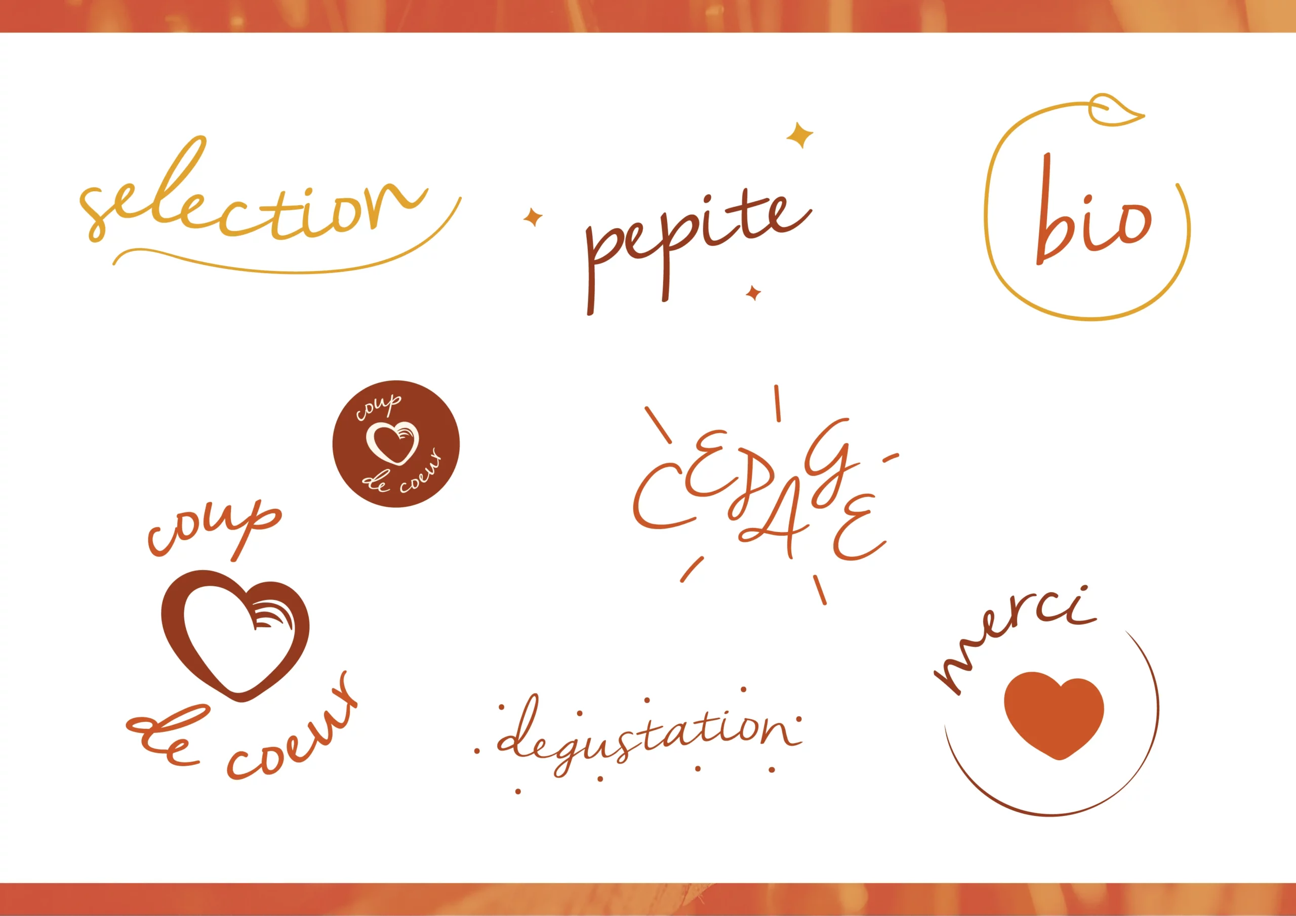 Les stickers et les signes secondaires des Jolies Quilles : sélection, pépite, bio, coup de coeur, cépage, dégustation, merci